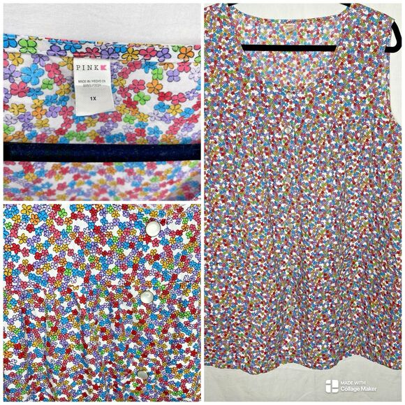 Pink K Sleeveless Blouse Ditsy Floral Pockets Lightweight Cotton Blend Womens 1X - Picture 1 of 11
